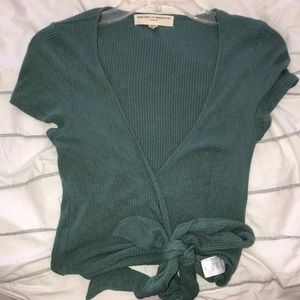 Washed Green Deep V Crop Top with Tie